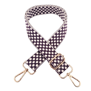 Adjustable purple and white jacquard embroidered bag strap with golden metal buckles