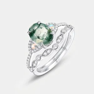 Vintage Moss Agate Ring And Curved Band Natural Green Stone Opal Zircon S925 Sterling Silver Jewelry For Women Bohemian
