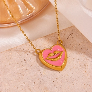 Stainless Steel Pink Heart Pendant Necklace With Golden Lips 18K Gold Plated Trendy Fashion Jewelry For Women