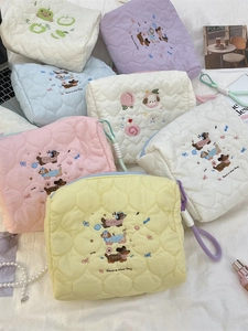 Gewatteerd Katoen Geborduurde Make-up Tas Hartpatroon Toilet Organizer Handtas Reizen Vrouwen Schattige Cartoon Hond Wastas