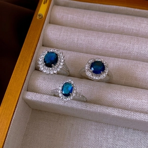 Anello Aperto Vintage Rame Zirconia Cubica Gemma Blu Halo Gioielli Regolabili Stile Di Lusso Donne