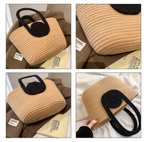 Collage of a beige cotton woven tote bag with black handles and round ring details