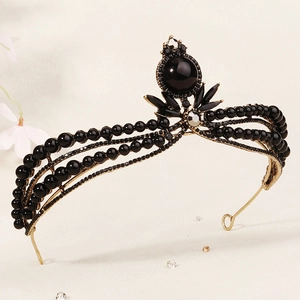 Vintage French black and gold bridal crown with encrusted rhinestones and dark pearls