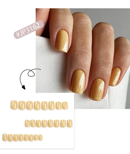 Detailed set of glossy mustard yellow square press-on nails in various sizes