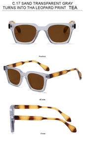 Detailed views of square sunglasses with transparent gray frames and leopard print temples