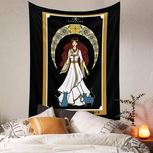Bohemian tarot tapestry featuring Wheel of Fortune goddess design for wall decor