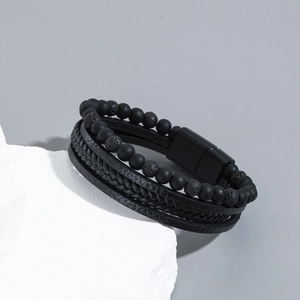 Men's multi-layer black leather woven bracelet with natural lava stones and magnetic clasp