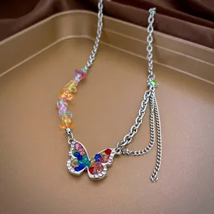 Asymmetrical Butterfly Pendant Necklace Stainless Steel With Colorful Stones And Rhinestones Dopamine Style For Women
