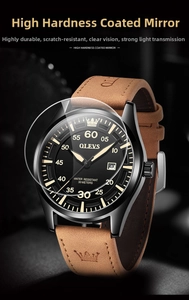 Detail view of OLEVS men's quartz watch showing black dial and brown leather strap