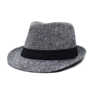 Men's casual summer fedora hat with rolled brim and gray-black woven texture