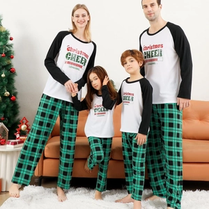 Christmas Matching Family Pajamas Raglan Long Sleeve Top And Green Plaid Pants Holiday Sleepwear For Women Men Kids