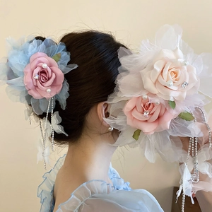 Grande Pince À Cheveux Fleur Rose En Tissu Élégante Gland En Strass Künstliche Perle Papillon Style Fée Pour Femmes