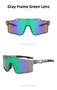 Detailed view of gray frame sports sunglasses with green iridescent coated lens