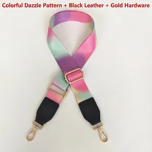 Detail of gradient macaron shoulder strap with black leather ends and gold metal hooks