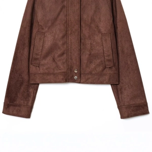 Brown faux suede jacket with metal snaps and pockets shown in a flat lay view