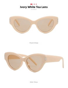Detail of ivory cat eye sunglasses with brown lenses and silver hinge accents