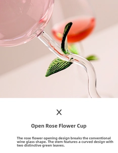 Macro shot of rose blossom shaped glass with pink petals and green leaf curved stem