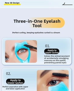 Three-in-one sky blue eyelash applicator tool showing upper and lower lash mascara shield