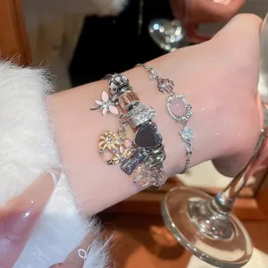 Charm Bracelet Alloy Rhinestone Heart Butterfly Enamel Glass Beaded Snake Chain Sweet Fashion Jewelry Women