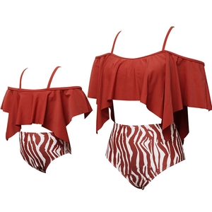 Red ruffled bikini set for mother and daughter with high-waisted zebra print bottoms