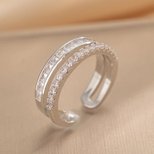 Exquisite double row silver open ring featuring square and round cubic zirconia stones