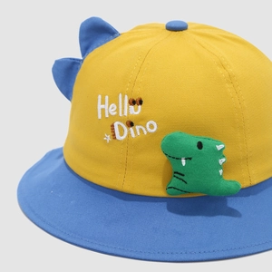 Kids dinosaur bucket hat with yellow and blue contrast colors for sun protection