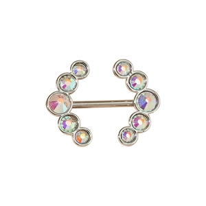 Detailed view of silver nipple barbell featuring rainbow cubic zirconia crescent gems