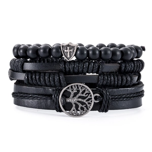 Men's 4-piece set of black braided leather and bead bracelets with Tree of Life charms