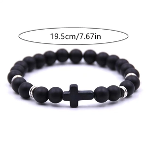 Black matte onyx cross bracelet with silver spacers, 19.5cm length for men and women