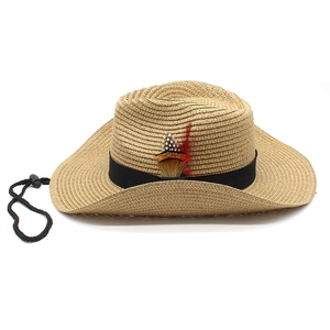 Straw western cowboy sun hat with wide brim, decorative feathers, and adjustable wind cord