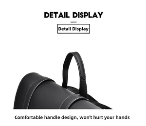 Close-up of the reinforced black leather handle with fine stitching on a large backpack