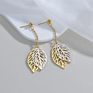 Vintage style leaf tassel earrings in gold and silver finish with hollow leaf design