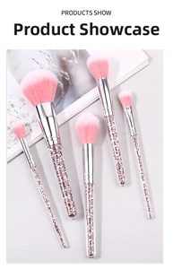 Detail of 5pcs pink makeup brush set with sparkling diamond handles and soft ombre bristles