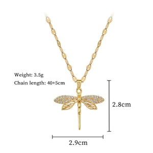 Detailed technical diagram showing dimensions of the gold dragonfly pendant necklace