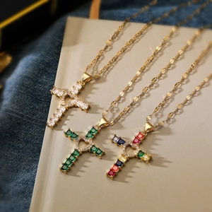 Cross Pendant Necklace Copper Cubic Zirconia Hollow Heart Inlaid Square Colorful Gemstone Gold Plated INS Style For Women
