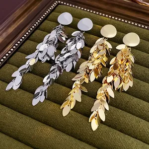Long Leaf Sequin Tassel Earrings For Women Fashion Statement Dangle Jewelry With Silver Earring Post