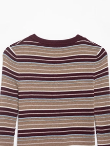 Detail of high-density knit fabric and retro striped neckline on a slim-fit knit top