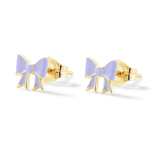 Detail of lilac enamel bow earrings with gold metal base and secure butterfly backing