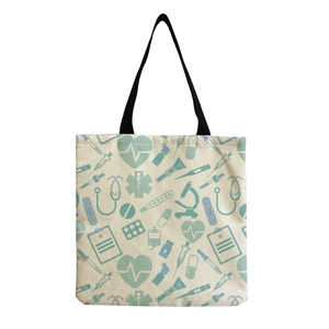 Detail of nurse pattern tote bag with stethoscope print and black canvas handles