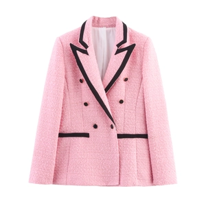 Eleganter Damen Tweed Blazer Jacke Doppelreihig Farbblock Schwarz Besatz Rosa Langarm Revers Oberbekleidung