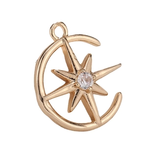 Golden moon and star pendant with white zircon for DIY necklace jewelry making