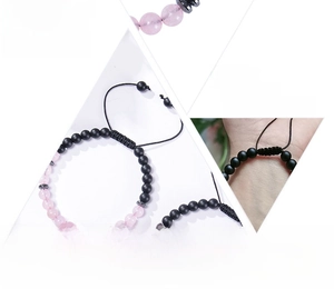 Detail of pink crystal Morse code bracelet with adjustable cord and gift card