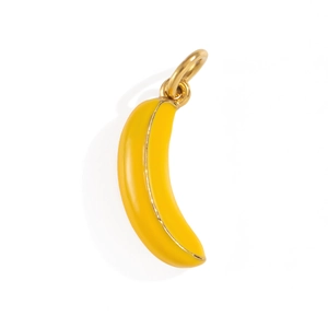 Detailed view of yellow enamel banana pendant with 18K gold plated rim and ring