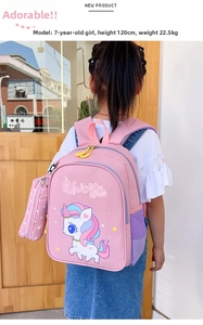 Rear view of a child wearing a pink unicorn backpack with purple mesh side pockets