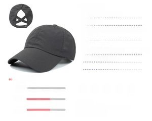Detail of grey mesh ponytail baseball cap featuring quick-dry fabric and elastic cross bands