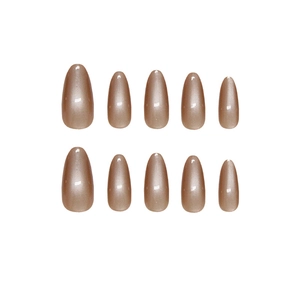 Almond shaped cat eye press-on nails in translucent iced tea brown with metallic shimmer
