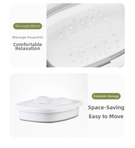 Detail of foot soak tub showing massage rollers and space-saving foldable design