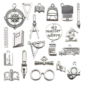 Antique silver graduation charms set featuring school bus and doctoral cap for DIY jewelry