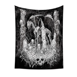 Gothic black and white Grim Reaper tapestry featuring a skeleton horse and dark cemetery art