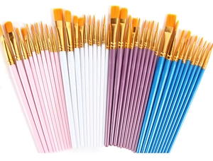 Detail of 10-piece professional art paintbrushes with blue handles and gold metal ferrules